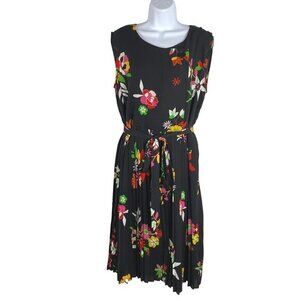 Modcloth Black Floral Pleated Midi Dress with Tie Belt